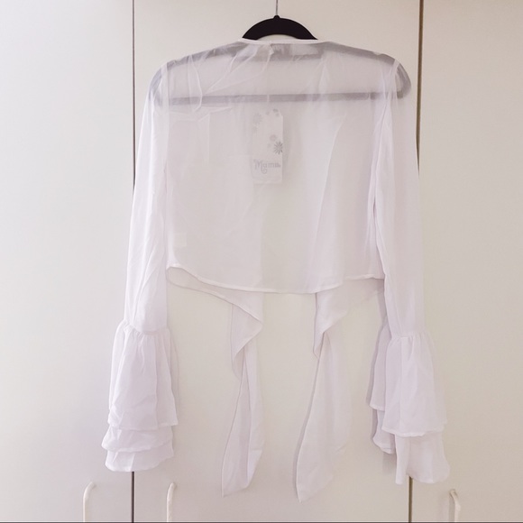 NWT SHOW ME YOUR MUMU Cute White Deep V Tie-Front Blouse Top Flounce Sleeve New - Picture 6 of 6